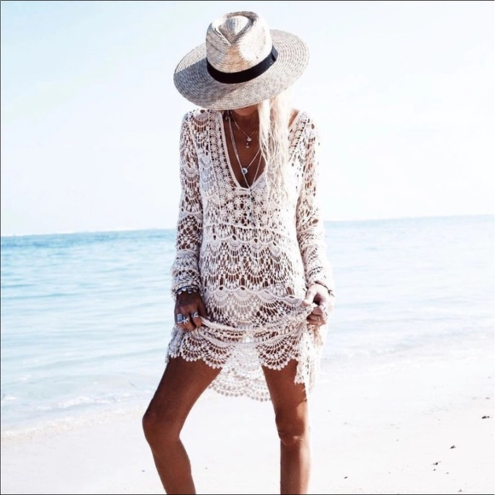 Lace Boho Long Sleeve Beach Bikini Coverup Dress - Picture 3 of 8